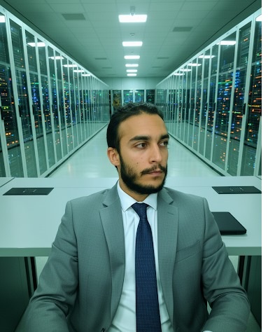 Yasin Talha Gençsoy, modern bir veri merkezi koridorunda, iki yanında cam panelli sunucu kabinleri eşliğinde gri bir masada oturuyor. Gri takım elbisesi, beyaz gömleği ve lacivert desenli kravatıyla şık bir görünüme sahip; koyu renk saçları, düzgün kesilmiş sakalı ve belirgin yüz hatları dikkat çekiyor. Kameraya değil, sağ çapraza odaklanmış ciddi bir ifadeyle bakıyor. Arka plandaki sunucuların renkli ışıkları ve soğuk mavimsi aydınlatma, ortama profesyonel bir teknoloji atmosferi katıyor.